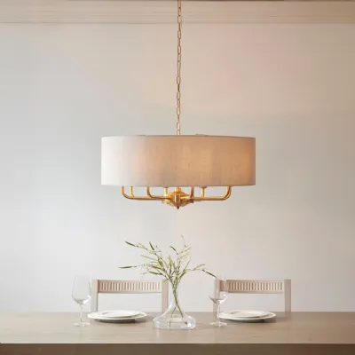 8 Light Vintage Brass Pendant with Linen Shade