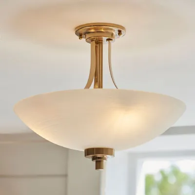 Brushed Aged Brass 3 Light Ceiling Fixture with White Glass