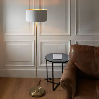 Antique Brass Floor Lamp with White Linen Shade
