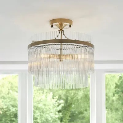 Antique Brass 3 Ceiling Light with Clear Glass Rods