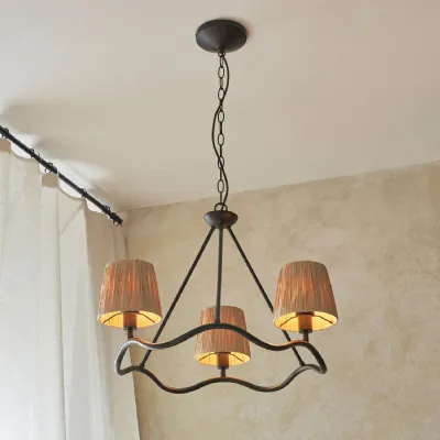 Wave Hoop 3 Light Pendant Raffia Shades Matt Black Frame