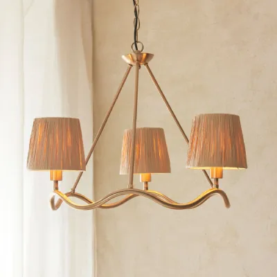 Wave Hoop 3 Light Pendant Aged Brass with Raffia Shades