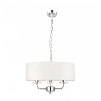 Polished Nickel Plated Vintage White Fabric 3 Pendant Ceiling Light