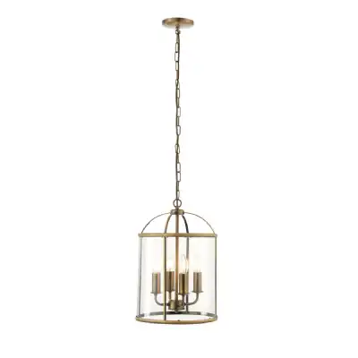 Large Antique Brass Metal Framed Clear Glass Adjustable 4 Pendant Light