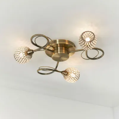 Antique Brass Effect Small 3 Ceiling Lamp