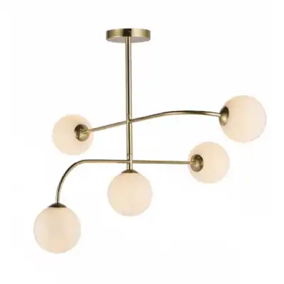 Opal Glass and Steel 5 Semi Flush Globe Design Ceiling Light in Brass