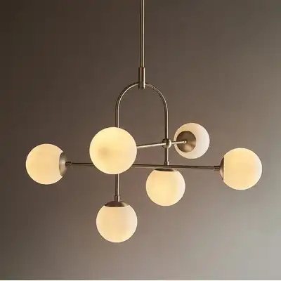 Steel and Glass 6 Bulb Semi Flush Ceiling Light with Matt Antique Brass Plate 86cm Diameter