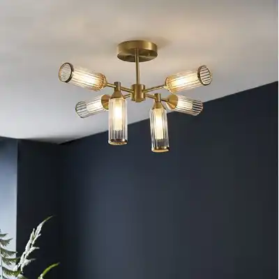 Remo Ribbed and Frosted Glass Semi Flush Ceiling Light in Satin Brass 59.5x65.5cm