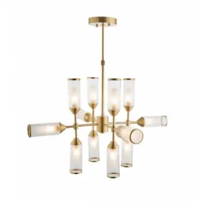 Modern Ribbed Frosted Glass and Satin Brass Twelve Lamp Semi Flush Ceiling Light
