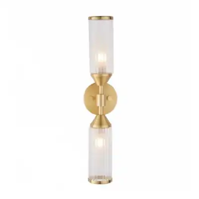 Remo Frosted Ribbed Cylindrical Glass Double Wall Light Capped with Satin Brass Holder