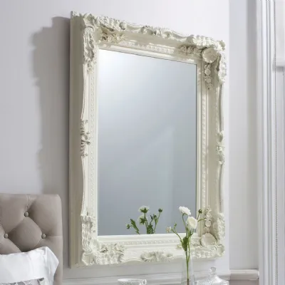Matt Cream Ornate Carved Small Wall Mirror Bevelled Design