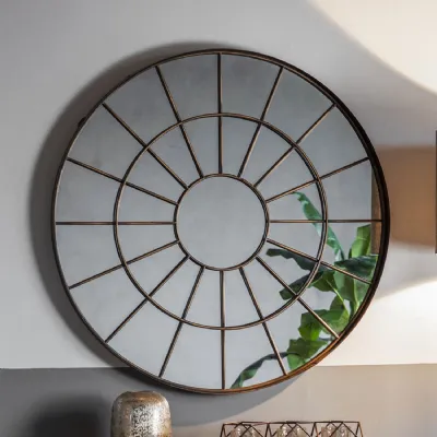 Large Sunburst Bronze Metal 100cm Round Window Wall Mirror
