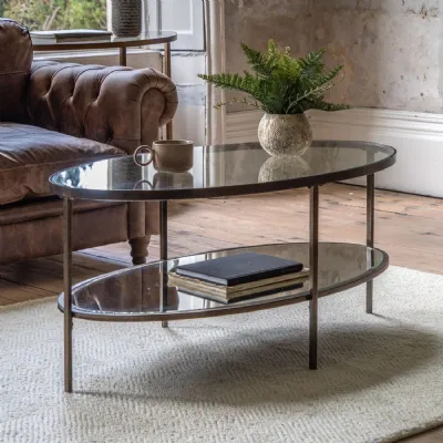 Oval Bronze Metal Coffee Table Glass Top and Shelf