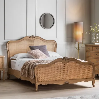 French Rattan Carved Super King Size Bed Weathered Wood