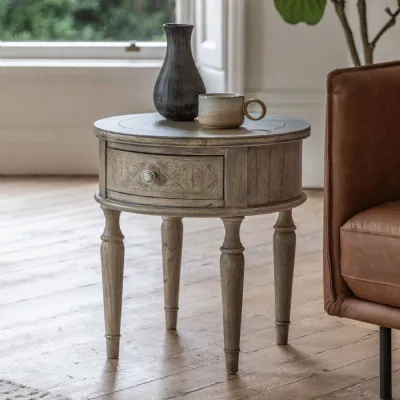 Round Natural Wooden 1 Drawer Side Lamp Table