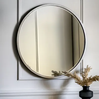 Large Antique Silver Thin Metal Framed 80cm Round Wall Mirror