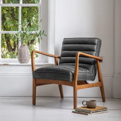 Black Vintage Leather Ribbed Armchair with Dark Oak Frame