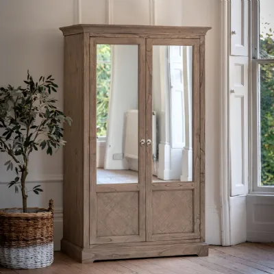 Natural Wood Parquet Glazed Mirrored 2 Door Double Wardrobe