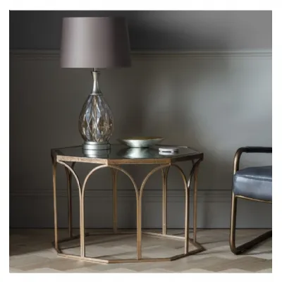 Gold Metal Octagonal Coffee Side Table with Glass Top