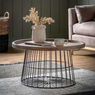 Weathered Grey Wooden Tray Top Round Caged Base Coffee Table