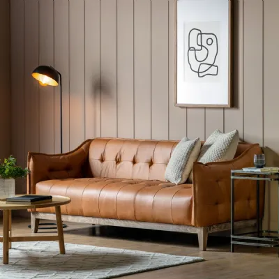 Tan Brown Vintage Leather Buttoned Back 3 Seater Sofa