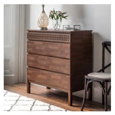 Brown Wooden Chest of 4 Drawers with Inlaid Fretwork Pattern