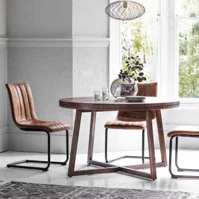 Brown Wooden 120cm Round Dining Table with Fretwork Edge Design