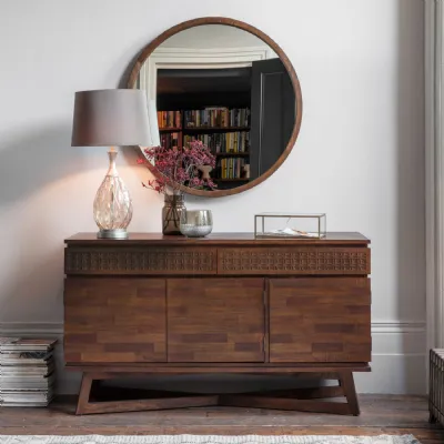 Dark Brown Wooden Carved 3 Door Sideboard with Fretwork