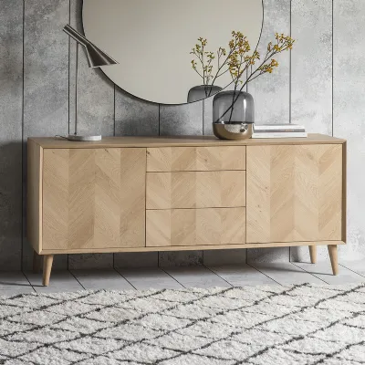 Chevron Parquet Oak Inlay 2 Doors 3 Drawers Wide Sideboard