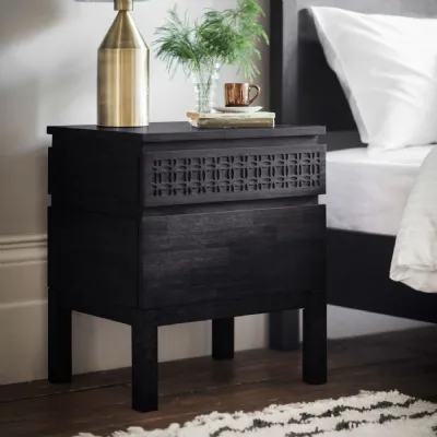 Black Charcoal 2 Drawer Bedside Chest with Fretwork Pattern