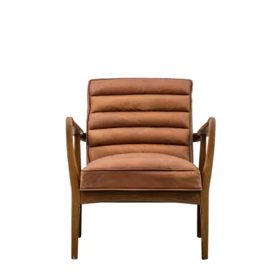 Brown Leather Wood Frame Armchair