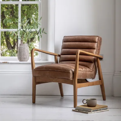 Ribbed Tan Brown Leather Armchair Dark Wood Frame