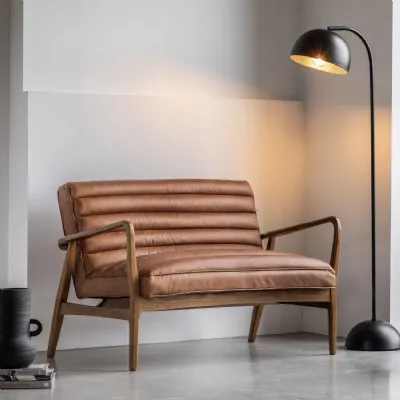 Tan Brown Ribbed Leather 2 Seater Sofa Oak Wooden Arms