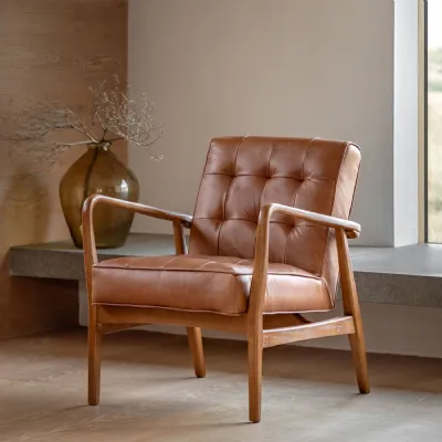 Vintage Tan Brown Buttoned Leather Armchair Oak Wood Frame