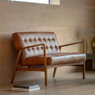 Tan Brown Leather 2 Seater Buttoned Sofa Oak Wood Arms
