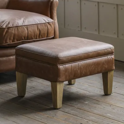 Vintage Tan Brown Leather Small Foot Stool on Wooden Legs