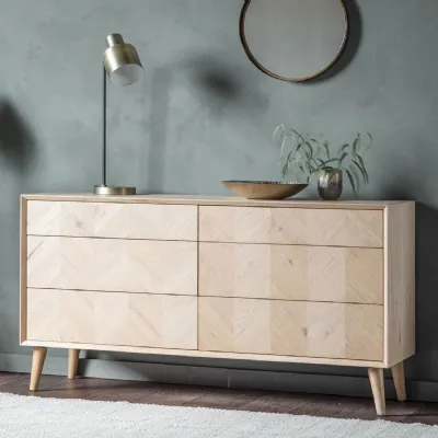 Large Wide Light Oak Chevron Design Chest of 6 Drawers