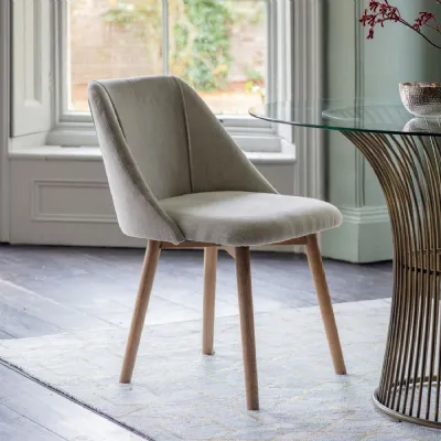 Neutral Linen Fabric Dining Chair Wooden Legs