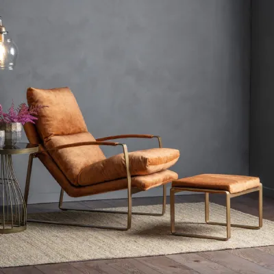 Ochre Velvet Fabric Lounger Relaxing Armchair Brass Frame
