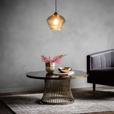 Bronze Tinted Glass Top Round Coffee Table Cage Metal Base
