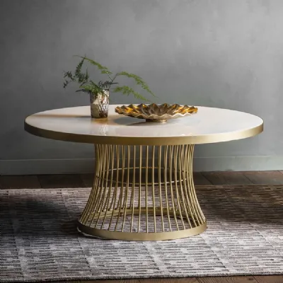 White 90cm Round Marble Coffee Table Gold Metal Cage Base
