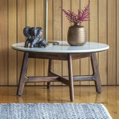 Dark Wood and White Marble Top Round Coffee Table