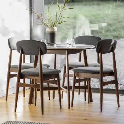 White Marble Top Dark Wood Round Dining Table 4 Seater