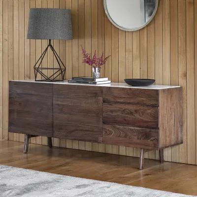 White Marble Top 2 Door 3 Drawer Dark Wood Sideboard