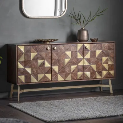 Geometric Brown and Gold 3 Door Sideboard Brass Metal Legs