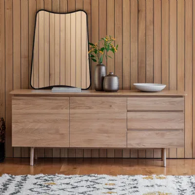Oak 2 Door 3 Drawer Wide Sideboard Tapered Legs