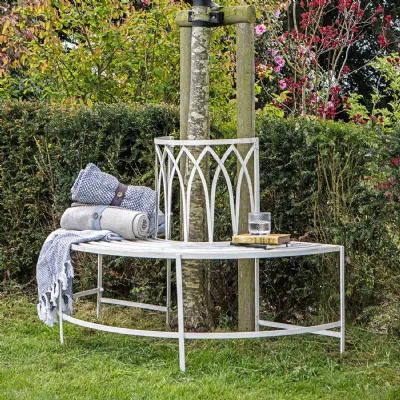 White Painted Half Circle Round Outdoor Metal Garden Bench