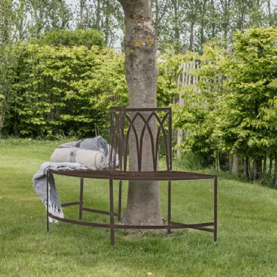 Distressed Brown Half Round Tree Outdoor Metal Garden Bench