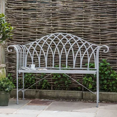 Grey Painted Distressed Curved Metal Outdoor Garden Bench