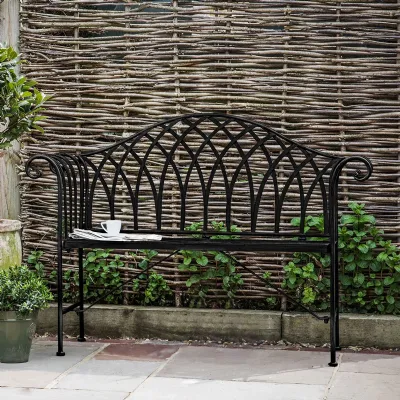 Distressed Black Metal Outdoor Garden Bench Rounded Arms